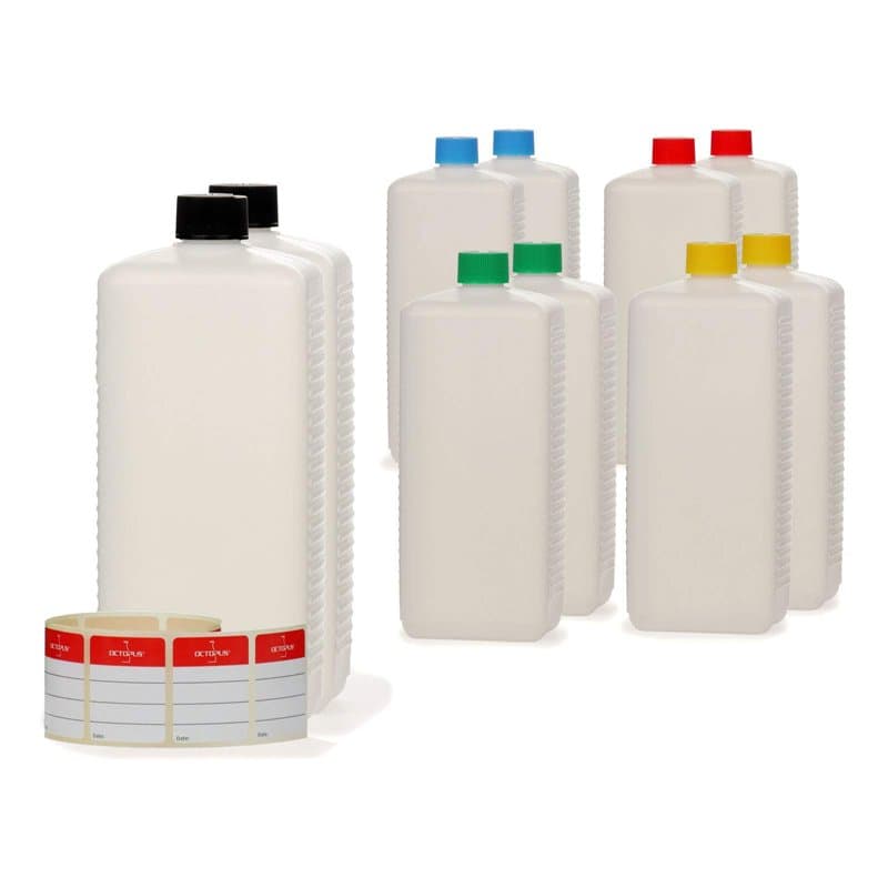 Octopus Bouteilles en Plastique 10x 1000 ML, Bouteilles en Plastique PE-HD avec Bouchon à vis de Couleur vive, Bouteilles vides