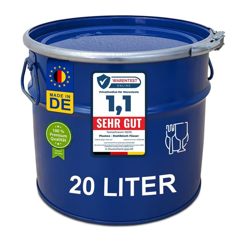 plasteo Tonneau, baril, fût métallique bleu avec couvercle 20 L et anneau de serrage (23019)