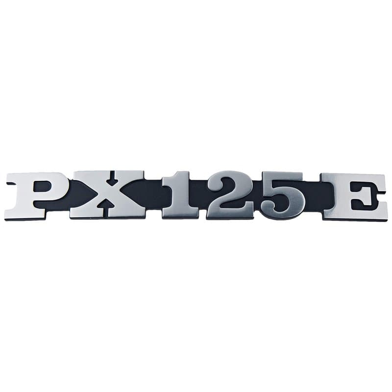 Emblème/Lettrage « Px 125 E » pour Panneau Latéral Vespa Px 125-2 Broches 158X20 Mm Espacement des Trous 105 Mm, Argent