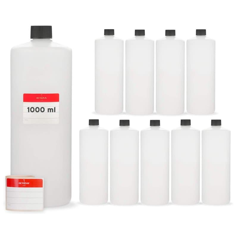 Octopus 10 x Bouteilles en Plastique de 1000 ML, HDPE, 1 Litre Bouteilles Rondes avec Bouchons à vis ou couvercles Noirs, Boutei