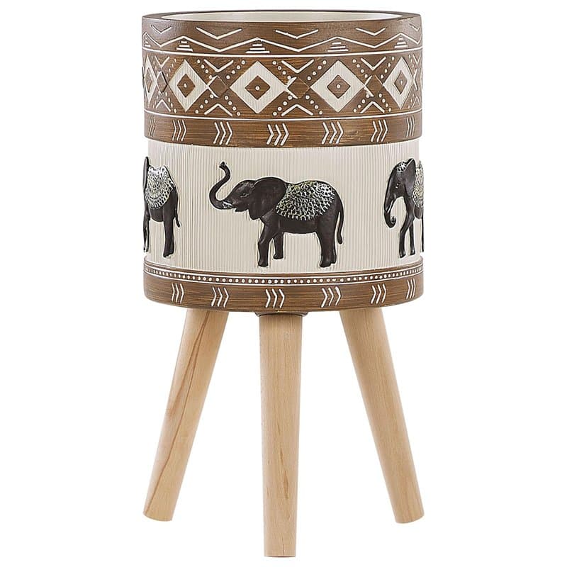 Cache-Pot Support Plantes avec 3 Pieds en Bois 25 cm de Diamètre Motif Éléphants Peint à la Main Idéal à la fois pour Extérieur