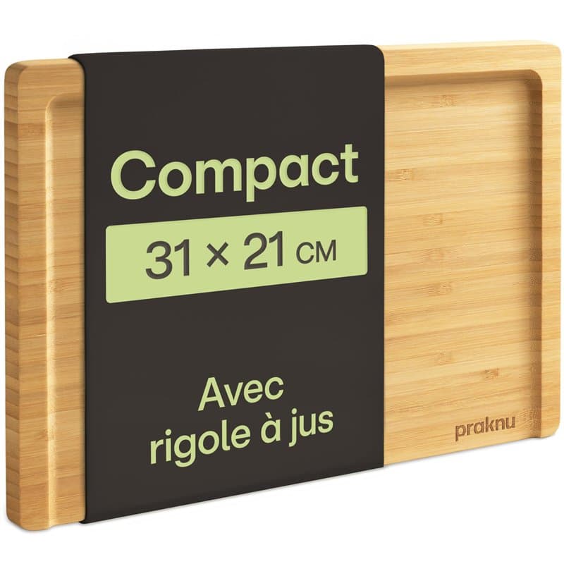 Praknu Planche à Découper en Bois Avec Rainure à Jus – Compacte 31,5 X 21,5 Cm – Réversible Pour Couper et Servir Légumes, Viand