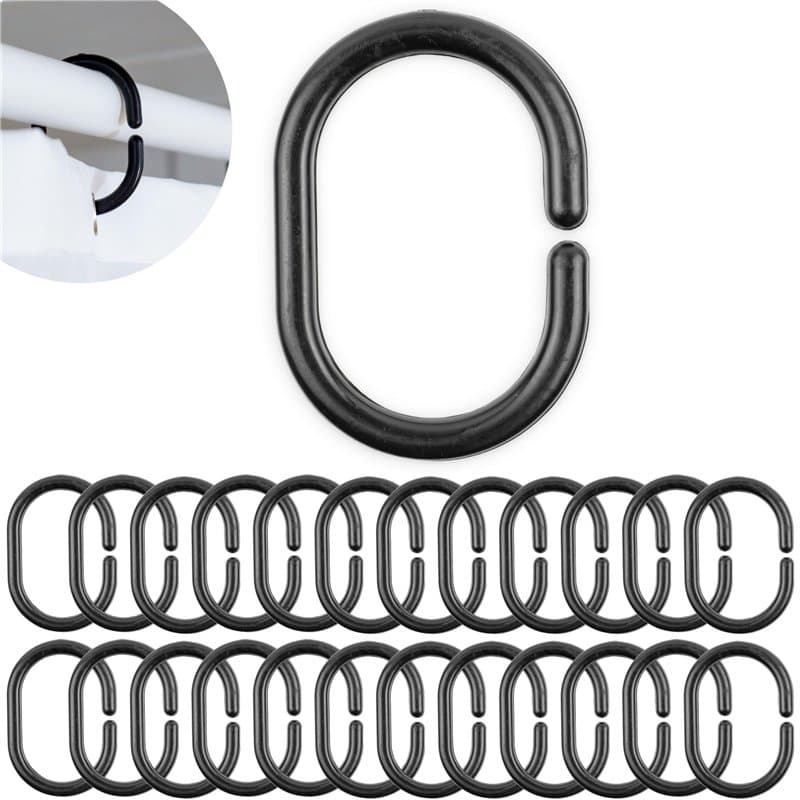 Anneaux pour Rideaux de Douche, 24 pièces, en Noir, Taille 46 x 29 mm, Anneaux de Douche en Plastique Robuste, Attache de Assez