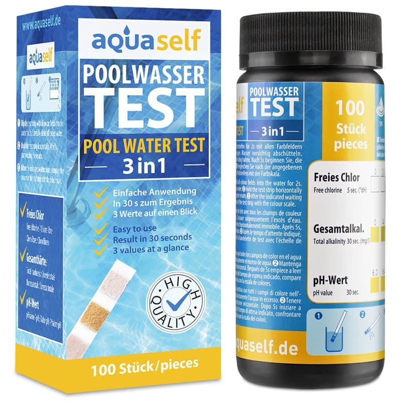 aquaself Test de l'eau de Piscine 3en1 - Bandelettes | Test de Chlore, pH et alcalinité. 100 bandelettes d'analyse de l'eau
