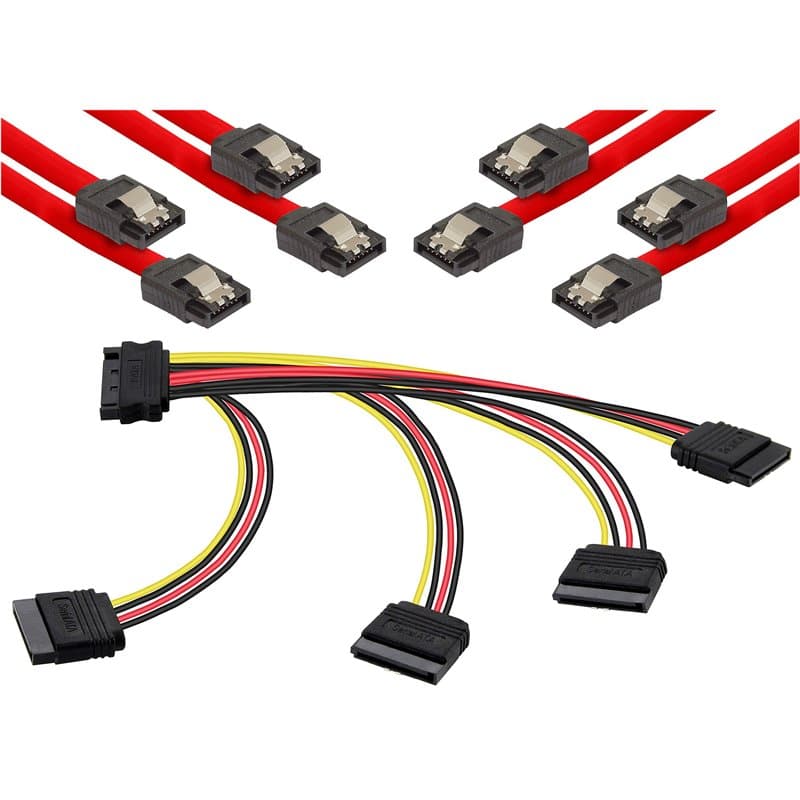 POPPSTAR Lot de câbles Sata (connecteur droit), 4x 0,5m câble de données Sata 3, rouge + 20cm câble adaptateur répartiteur d'ali