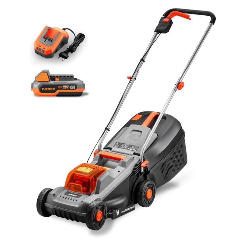 Fuxtec Tondeuse à Gazon sans Fil 20 V FX-E1RM20-ECO-SET, Batterie 4Ah + Chargeur, pour Jardins Petits à Moyens, Largeur de Coupe