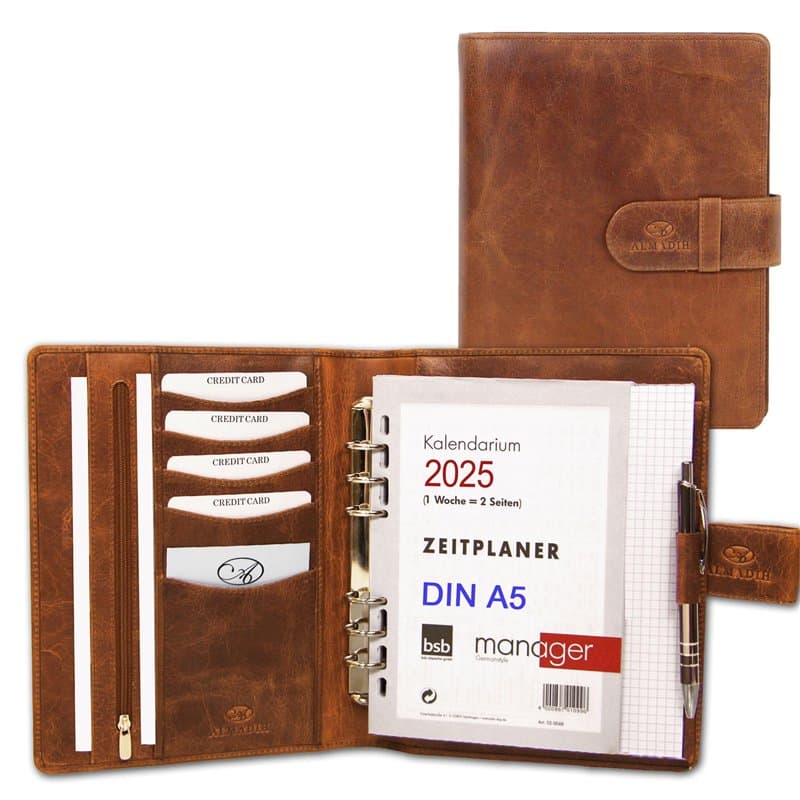 ALMADIH agenda personnel A5 en cuir avec mécanisme + calendrier 2025 marron deluxe – Portefolio Porte documents Agenda personnel