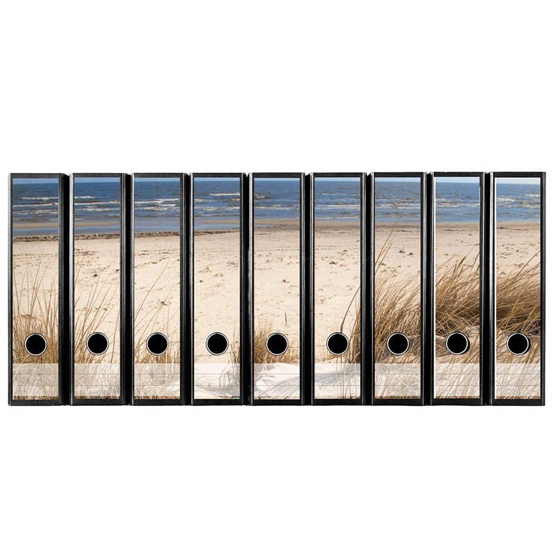 codiarts. Etiquettes à design pour 9 classeurs A4 à dos large - Motif : plage de sable, dune et mer, autocollants pour dos de do