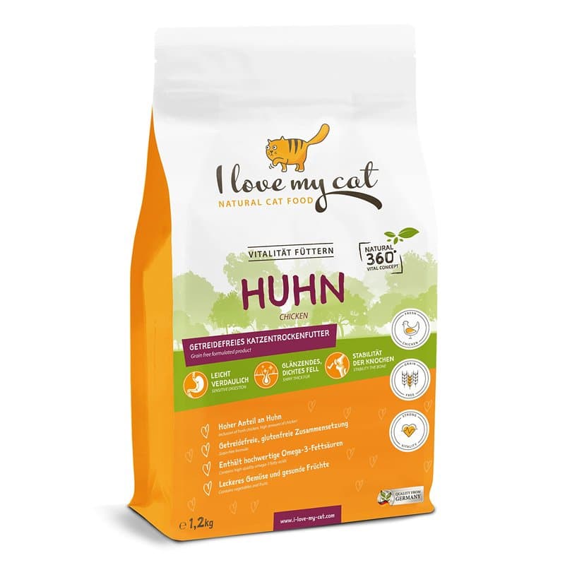 I Love My Cat Croquettes pour Chat sans Céréales avec du Poulet - 1,2 kg. Aliment Sec pour Chats à Forte teneur en Viande – Rece