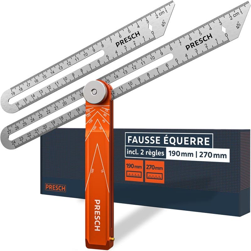 Presch Fausse Équerre incl. règle supplémentaire - 190mm & 270mm - Transfert d'angle précis - Règle avec fonction de trusquin fr