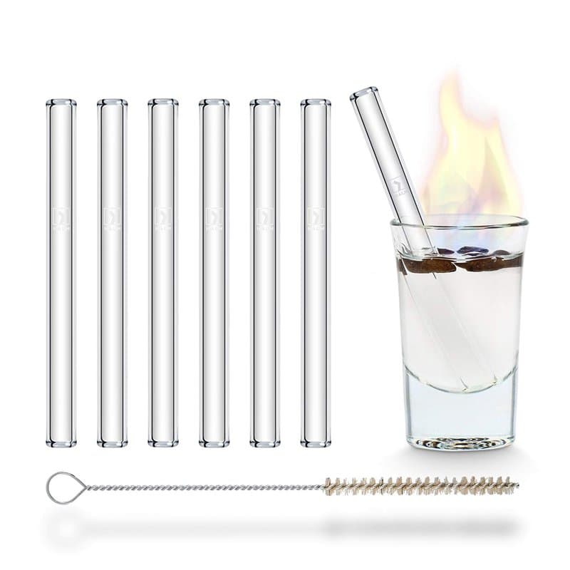 HALM Pailles en Verre Réutilisables - 6 Pièces Courtes Droites 10 cm + Brosse de Nettoyage sans Plastique - Résistantes au Lave-