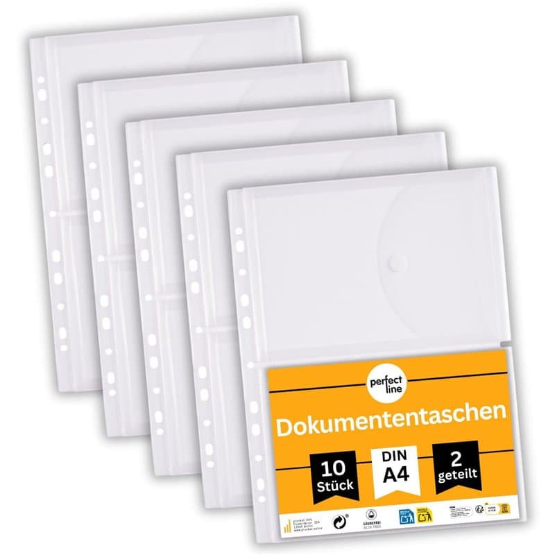 perfect line 10 pochettes porte-documents DIN A5 à A4, 20 mm hauteur de remplissage, plastique translucides et transparentes, pe