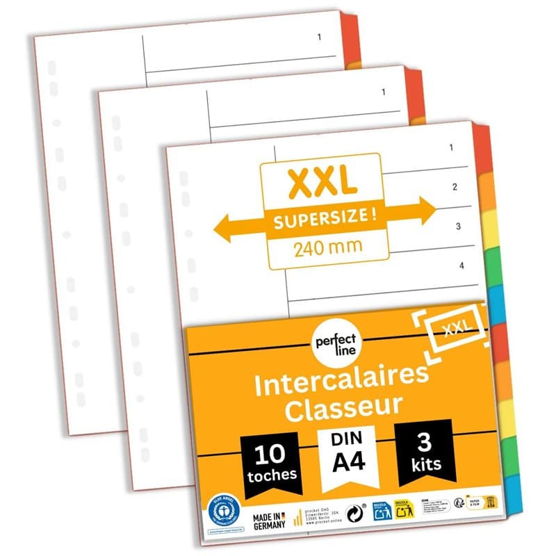 perfect line Intercalaires classeur A4 DIN-A4, 10-pièces, 3-set, XXL intercalaire en carton, FABRIQUÉ EN ALLEMAGNE