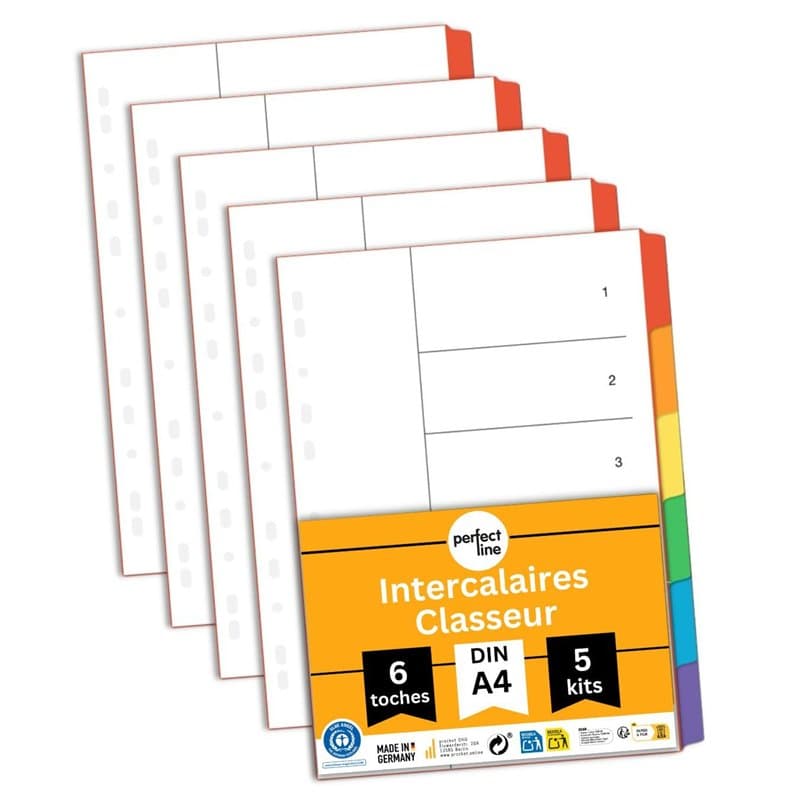 perfect line Intercalaires classeur A4 DIN-A4, 6-pièces, 5-set, intercalaire A4 en carton, FABRIQUÉ EN ALLEMAGNE
