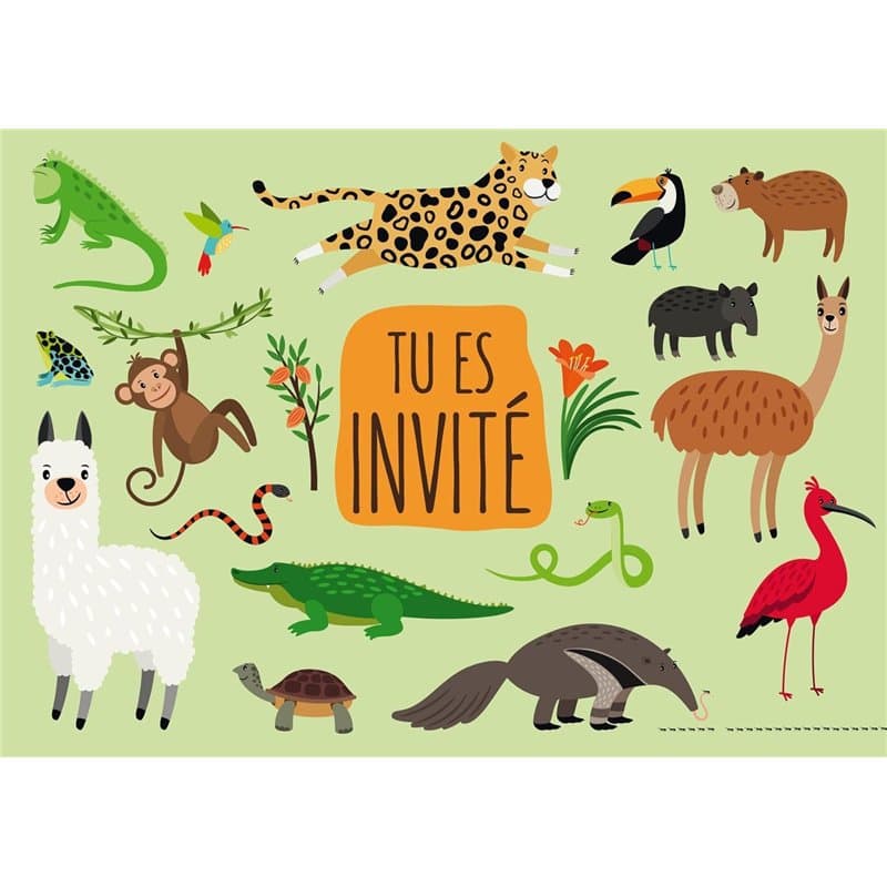 Edition Colibri 10 Cartes d‘invitation ANIMAUX de la JUNGLE en Français pour un anniversaire d‘enfant ou pour une fête au du zoo
