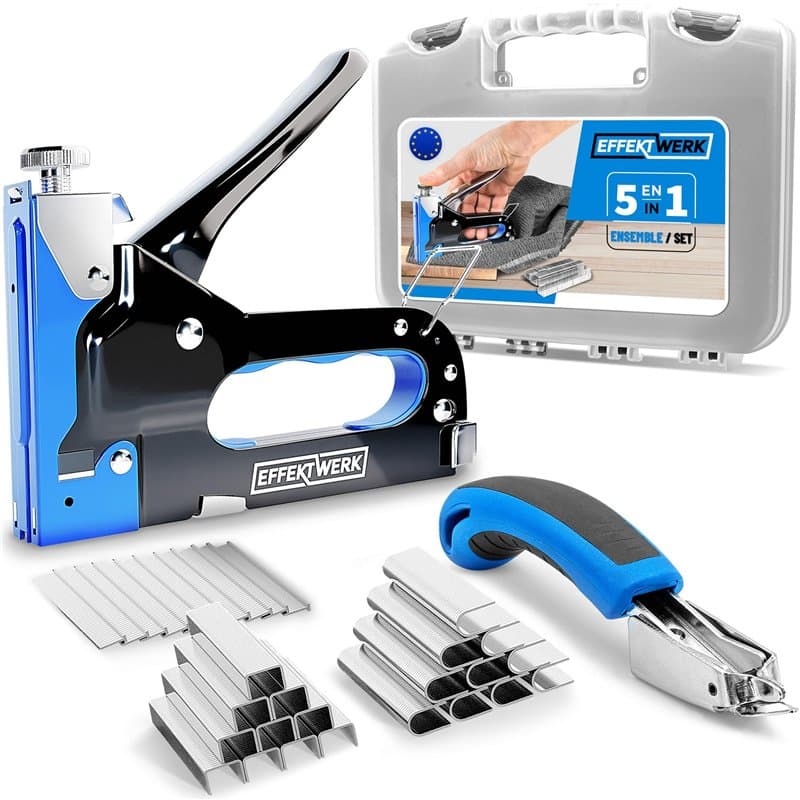 EFFEKTWERK Kit d'agrafes à main - Testé TÜV GS - Agrafes pour bois, tissu, meubles, feutre de toiture - 1500 agrafes - Cloueur e
