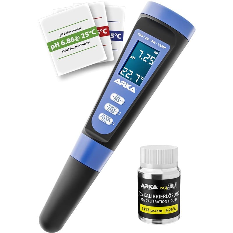 ARKA myAQUA pH/TDS/EC Meter - Testeur de qualité de l'eau pour pH, TDS, EC & température, Solution de calibrage Incluse, idéal p