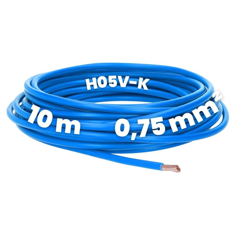 Kalitec Câble de câblage H05V-K 0,75 mm² bleu - 10 m - En PVC - Toron 0,75 mm² - Câblage à fil fin - Câble unique - Câble monofi