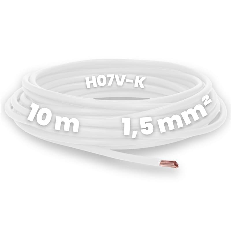 Kalitec Câble de câblage H07V-K 1,5 mm², blanc, 10 m, flexible, en PVC, fil unique, toron 1,5 mm², câblage à fil fin, câble uniq