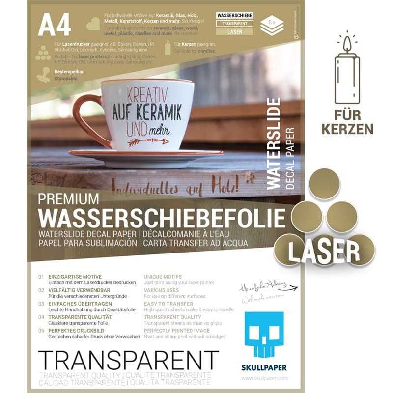 SKULLPAPER® Papier décalcomanie à eau ultra fin pour imprimantes laser, TRANSPARENT - Pour céramique, verre, bougie, métal, plas