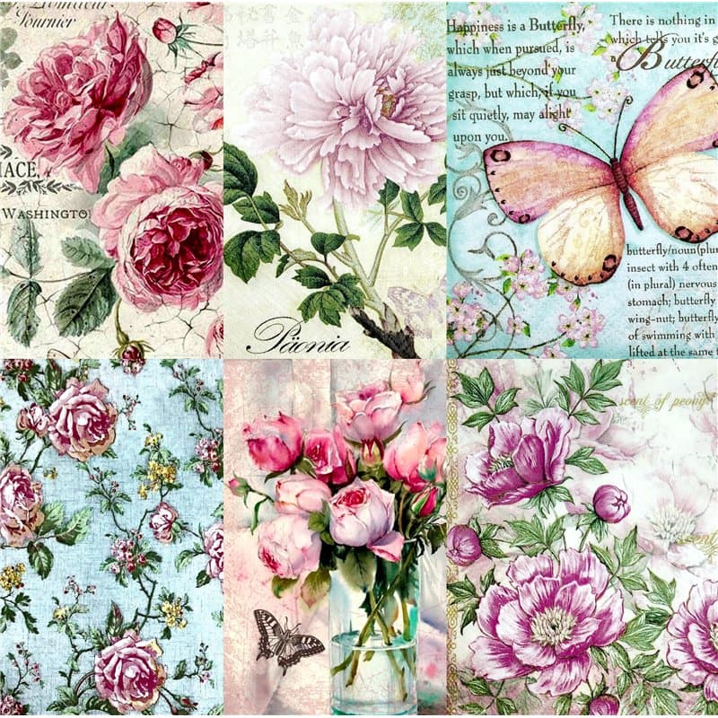 Papier de riz vintage sur le thème des fleurs, 20,5 x 26,5 cm – 6 images différentes de papier de mûrier imprimées 30 g/m² fibre