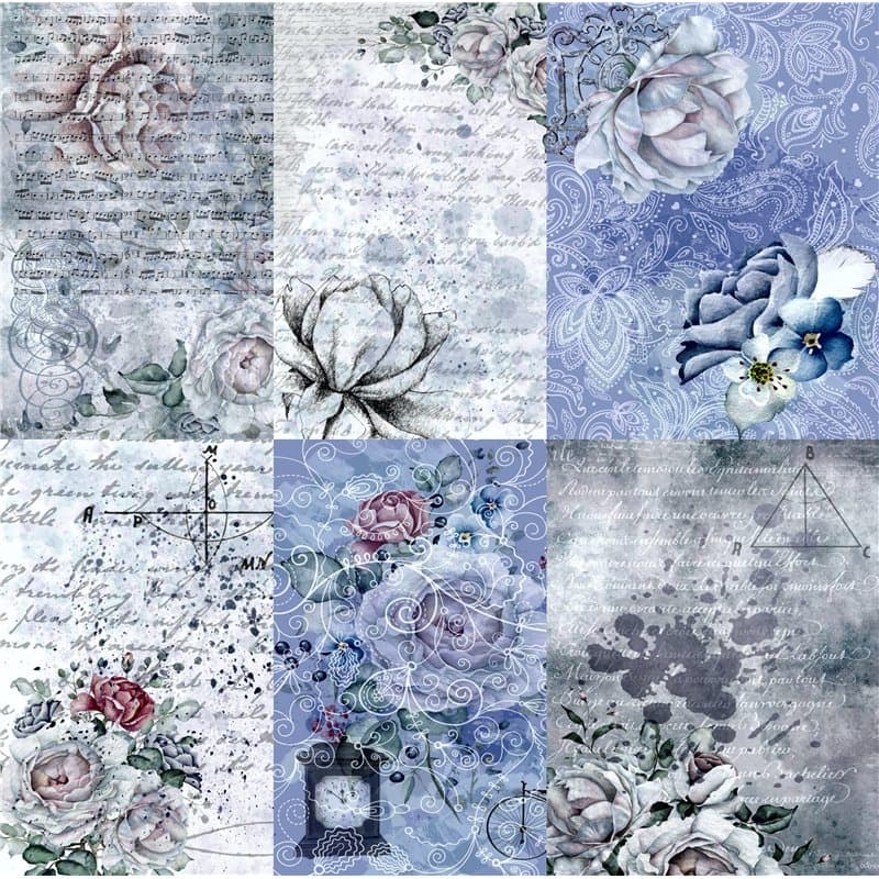 Papier de riz de mûrier avec fond bleu, 20,5 x 26,5 cm – 6 images différentes en papier de mûrier imprimé, 30 g/m², fibres visib