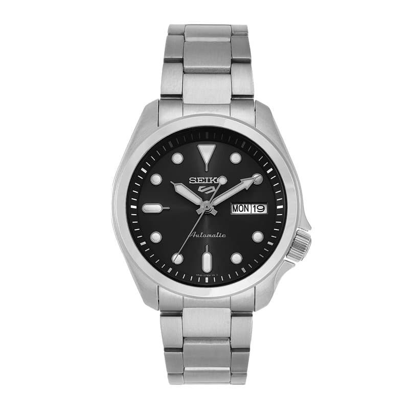 Seiko 5 Sports SRPE55K1 Montre pour homme avec cadran noir et bracelet en acier inoxydable, argenté