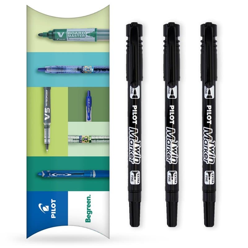 Pilot Lot de 3 marqueurs permanents 2 en 1 à double pointe fine et extra fine - Gamme Begreen 76 % recyclé (noir, lot de 3)