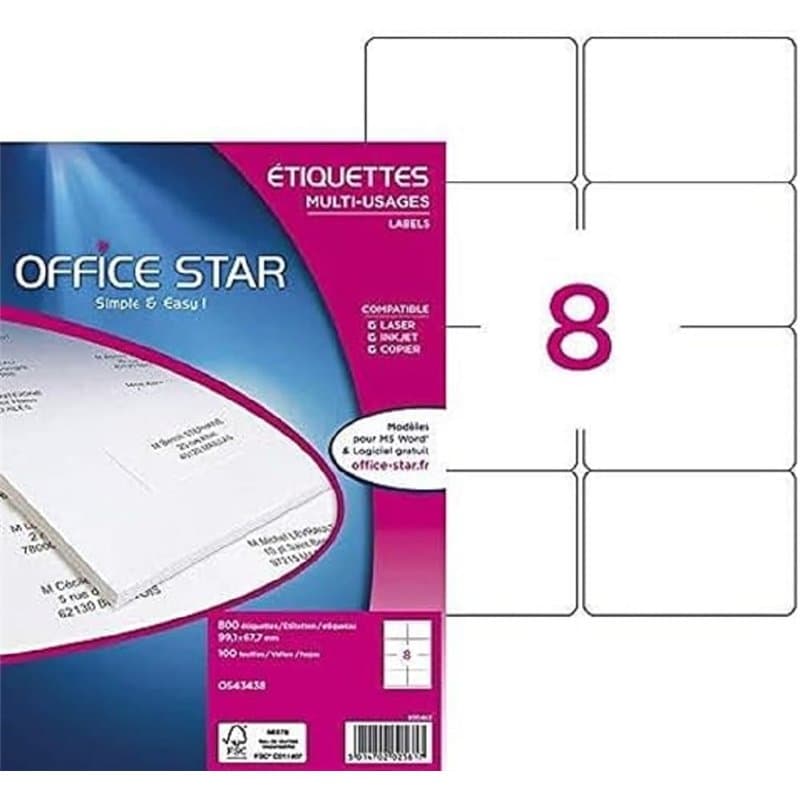 OFFICE STAR Étiquettes Autocollantes Imprimante A4 Blanches 800, 99,1 x 67,7 mm - Personnalisables et Imprimables - Certifié FSC