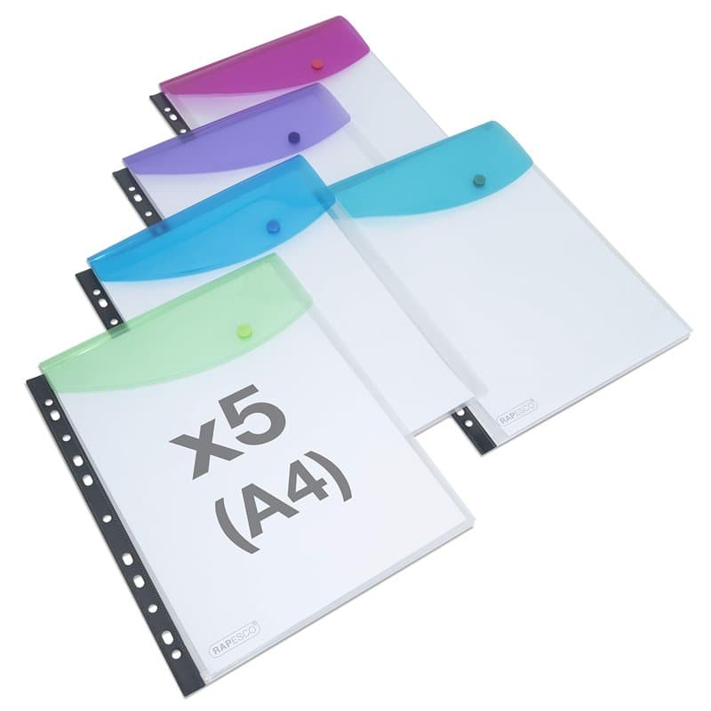 Rapesco 1630 Pochette Grande Capacité pour Classeurs Anneaux A4, Couleurs Transparents Assortis, Lot de 5