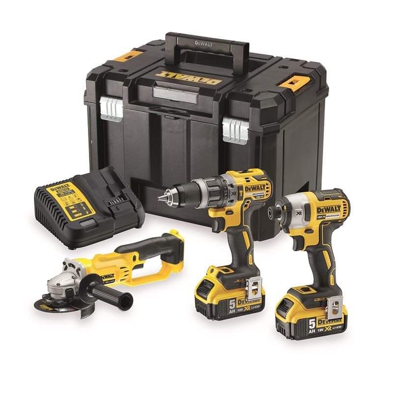 DEWALT - Kit 3 outils Perceuse Visseuse à percussion, Meuleuse et Visseuse à chocs, 2x 5Ah batterie, 18V, DCK383P2T-QW