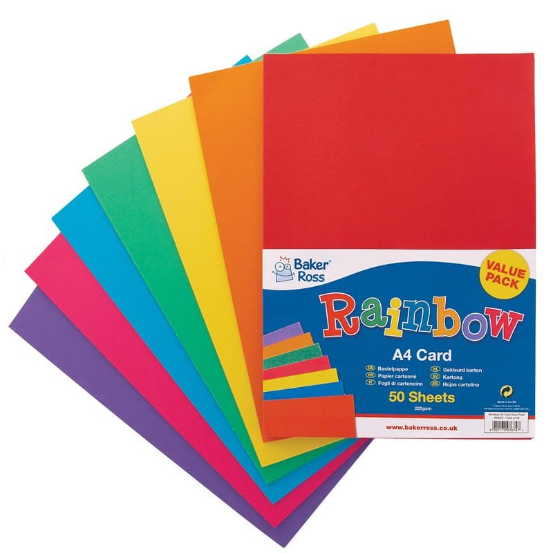 Baker Ross AV535 Lot de 50 feuilles cartonnées aux couleurs de l'arc-en-ciel A4 (220 g/m²), idéales pour les activités artistiqu