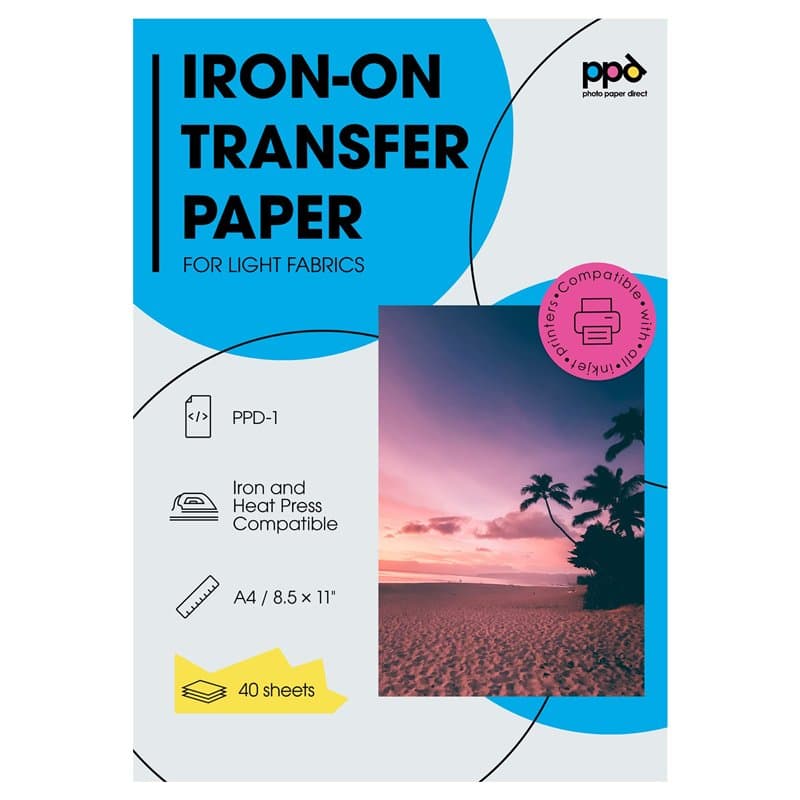 PPD 40 x A4 Papier Transfert Tee-Shirt/Textiles Blancs ou Clairs, Fond Transparent, Personnalisable, Thermocollant, Impression J