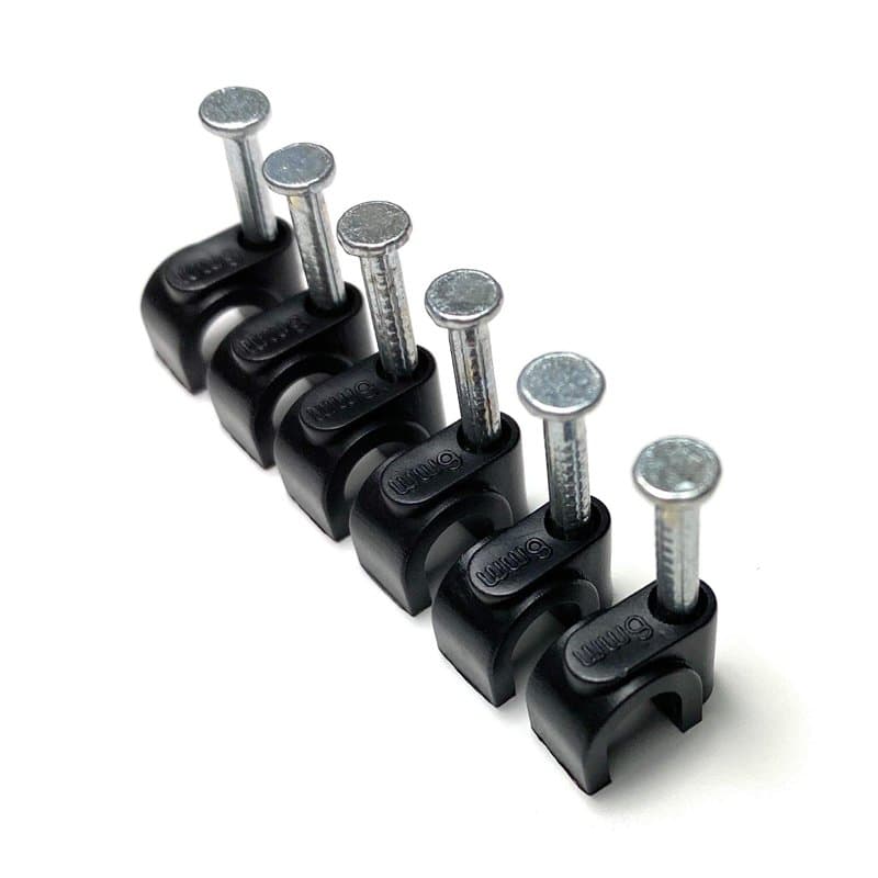 Lot de 100 clips de câble ronds noirs avec clous de fixation, type K (5 mm)