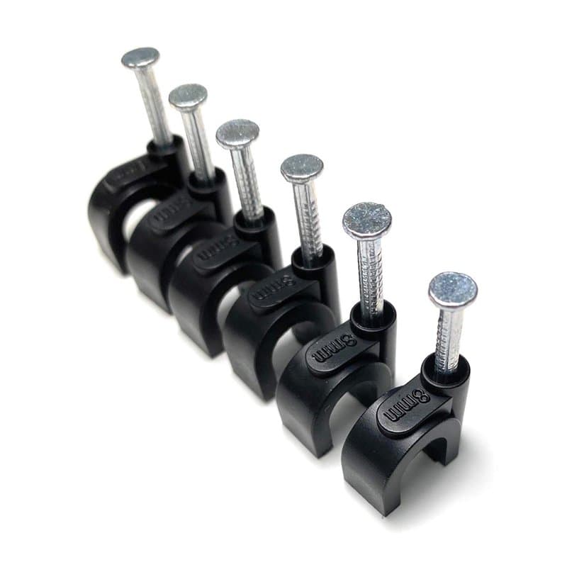 Lot de 100 clips de câble ronds noirs avec clous de fixation, type K (8 mm)