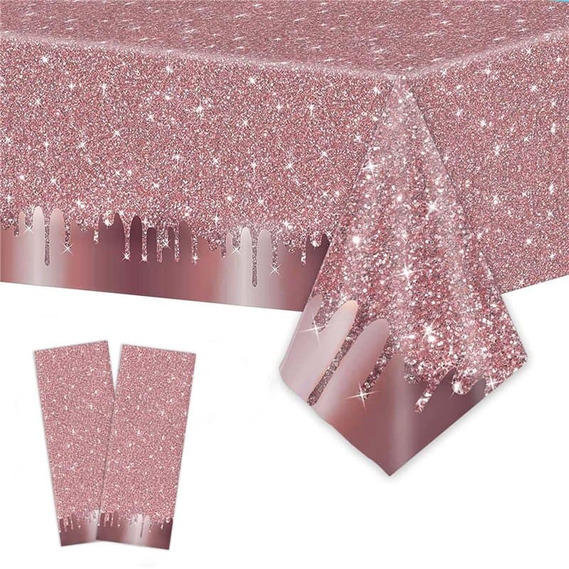2 Pièces Nappe Rectangle Paillettes Rose, 274 x 137 cm, Imperméable et Anti-encrassement - Décoration de Fille, Feuille d'Or Ros