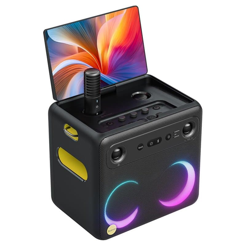 Ikarao Break X2 Machine de Karaoké avec Écran Tactile 10,1", Enceinte Bluetooth 600W, 2 Micros sans Fil et Éclairage LED – Idéal