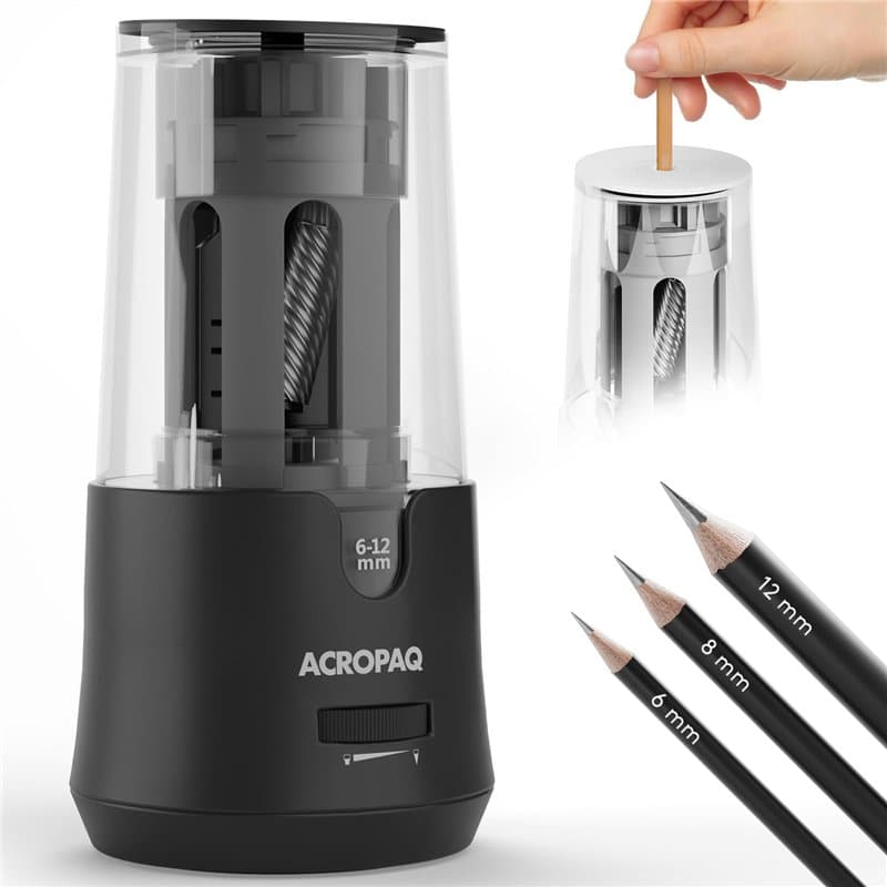 ACROPAQ Taille-crayon électrique - Pour crayons 6-12 mm, Pointe aiguisée et émoussée, Pointe fine en 3-5 secondes, Noir - Taille