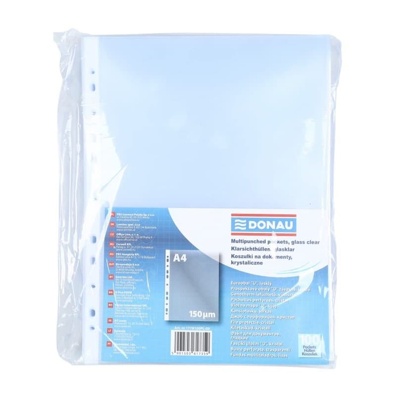 Donau Lot de 100 pochettes transparentes en plastique pour documents, papiers, dossiers, PP, 150 microns