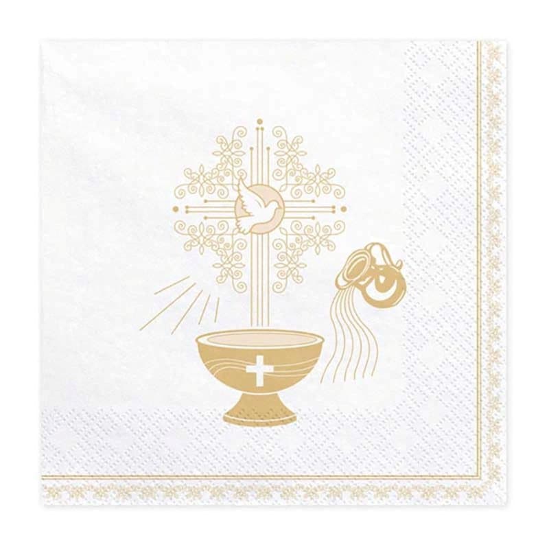 PDL Lot de 20 serviettes de table pour première communion, confirmation, baptême, confirmation, blanc/doré, motif calice colombe
