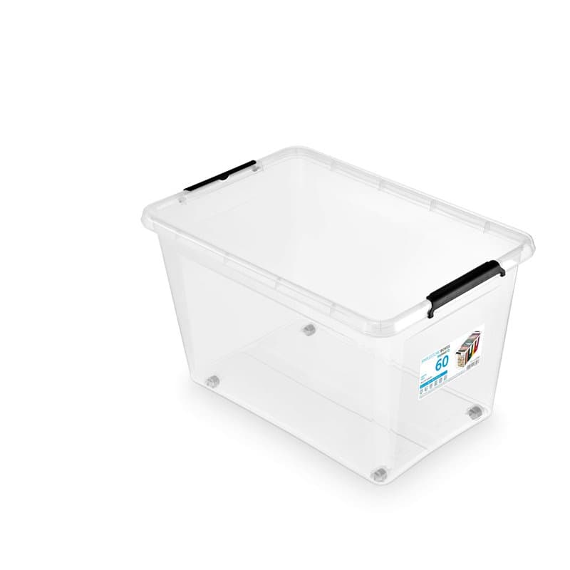 ORPLAST Lot de 6 boîtes à roulettes de 60 l avec couvercle/clips/roues – 58 x 39 x 35 cm – Transparent