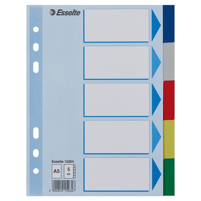 Esselte Intercalaires A5 5 Touches, Multicolore, Onglets Renforcés en Plastique Résistant avec Table des Matières, 15264