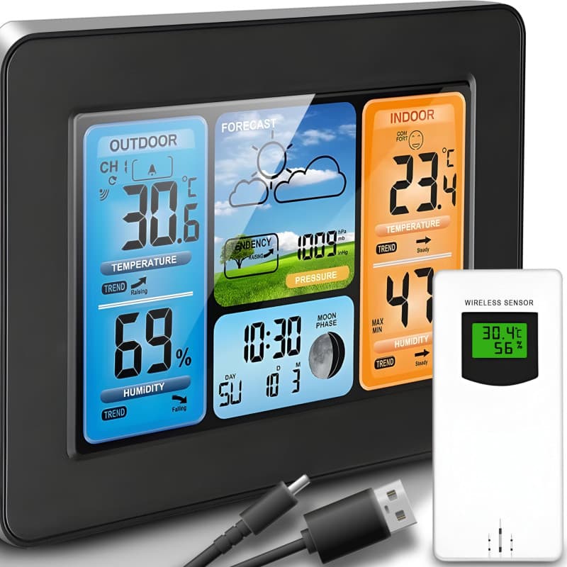 Retoo Station Météo Sans Fil, Format 12 Ou 24 Heures, Hygromètre, Baromètre, Alarme, Prévisions Météo, Fonction Snooze, Écrans L
