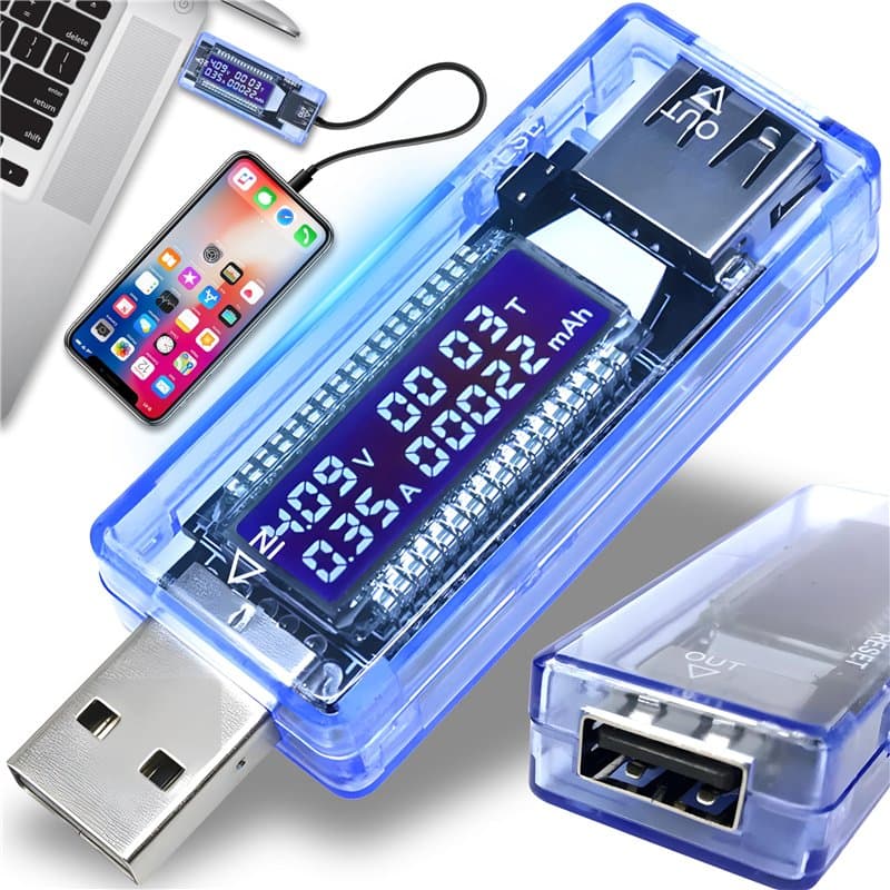 Retoo Testeur multimètre USB multifonction avec affichage LCD, 4 V – 20 V, tension numérique, voltmètre, ampèremètre, capacité d