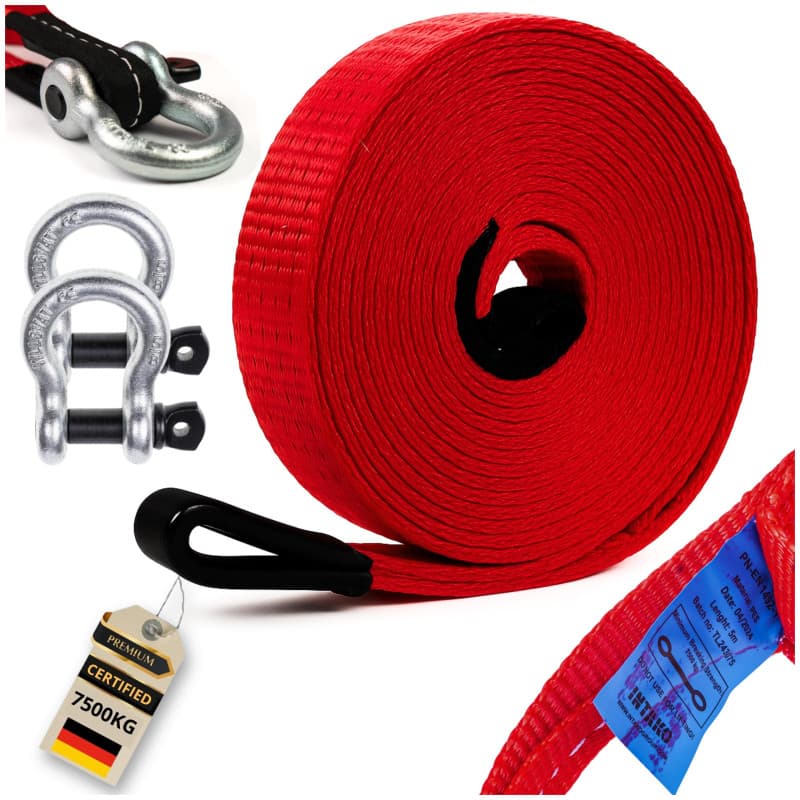INTAKO Sangle de Remorquage 5M (7,5 Tonnes) avec Manilles - Norme en 1492-1 - Corde de Remorquage pour Voiture - Sangle de Tract