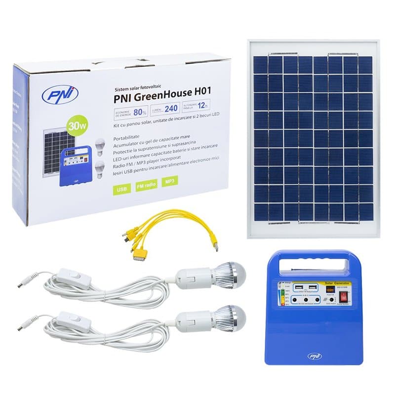 PNI Panneau Solaire, énergie Solaire, Portable système générateur d'énergie Greenhouse H01 30W avec Batterie 12V / 7Ah, USB/Radi