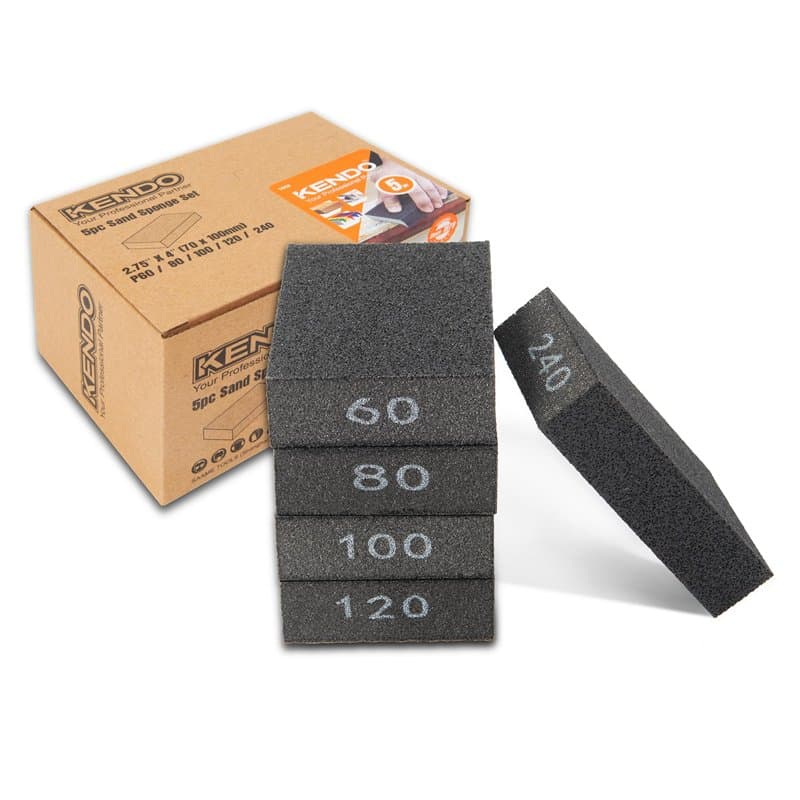 KENDO Lot de 5 éponges abrasives fines pour bois, métal, plâtre - Tampons abrasifs 60, 80, 100, 120, 240 grains - 70 x 100 mm -