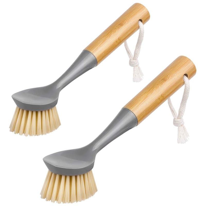 MR.SIGA Brosse à Vaisselle Grattoir Intégré avec Poignée en Bambou, Brosse à Récurer pour Nettoyage des Plates, Casseroles Évier