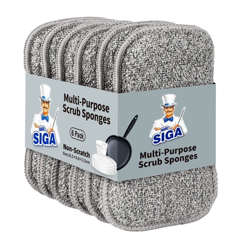 MR.SIGA Lot de 6 Éponges à Vaisselle Double Face pour Cuisine, Éponges à Récurer Réutilisables et Lavables, Gris
