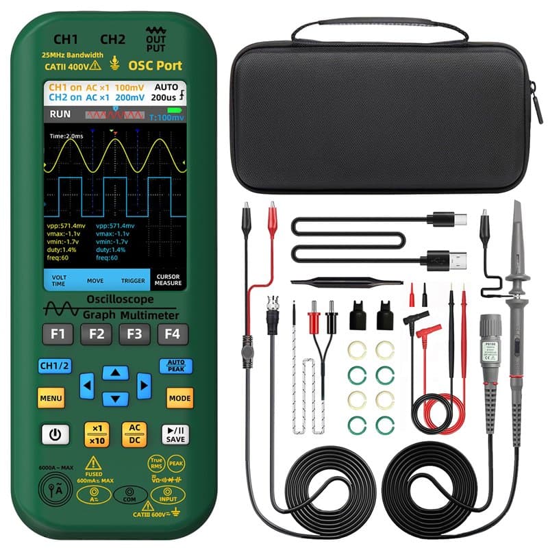 BSIDE O7 Oscilloscope Numérique Portable 2 Canaux avec Multimètre TRMS Générateur de Signal Grand Écran 3,98 Pouces 25MHz 208MSa
